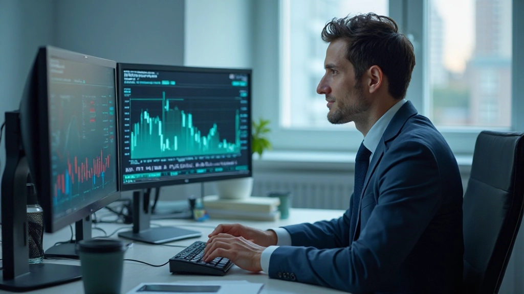 Профессиональный аналитик изучает данные о финансовых рисках на экране компьютера