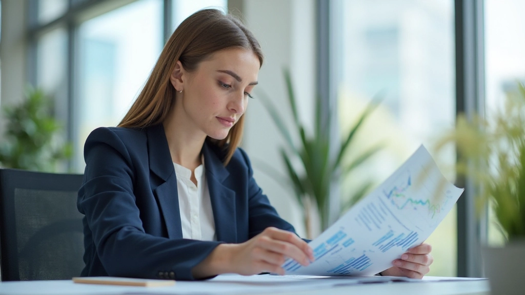 Professional financial advisor reviewing investment portfolio documents at modern office desk
