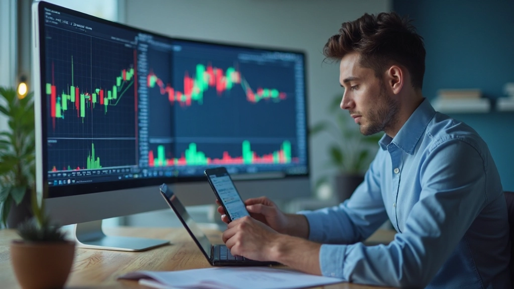 Молодой профессионал использует планшет для анализа рыночных данных с видимыми финансовыми графиками на экране